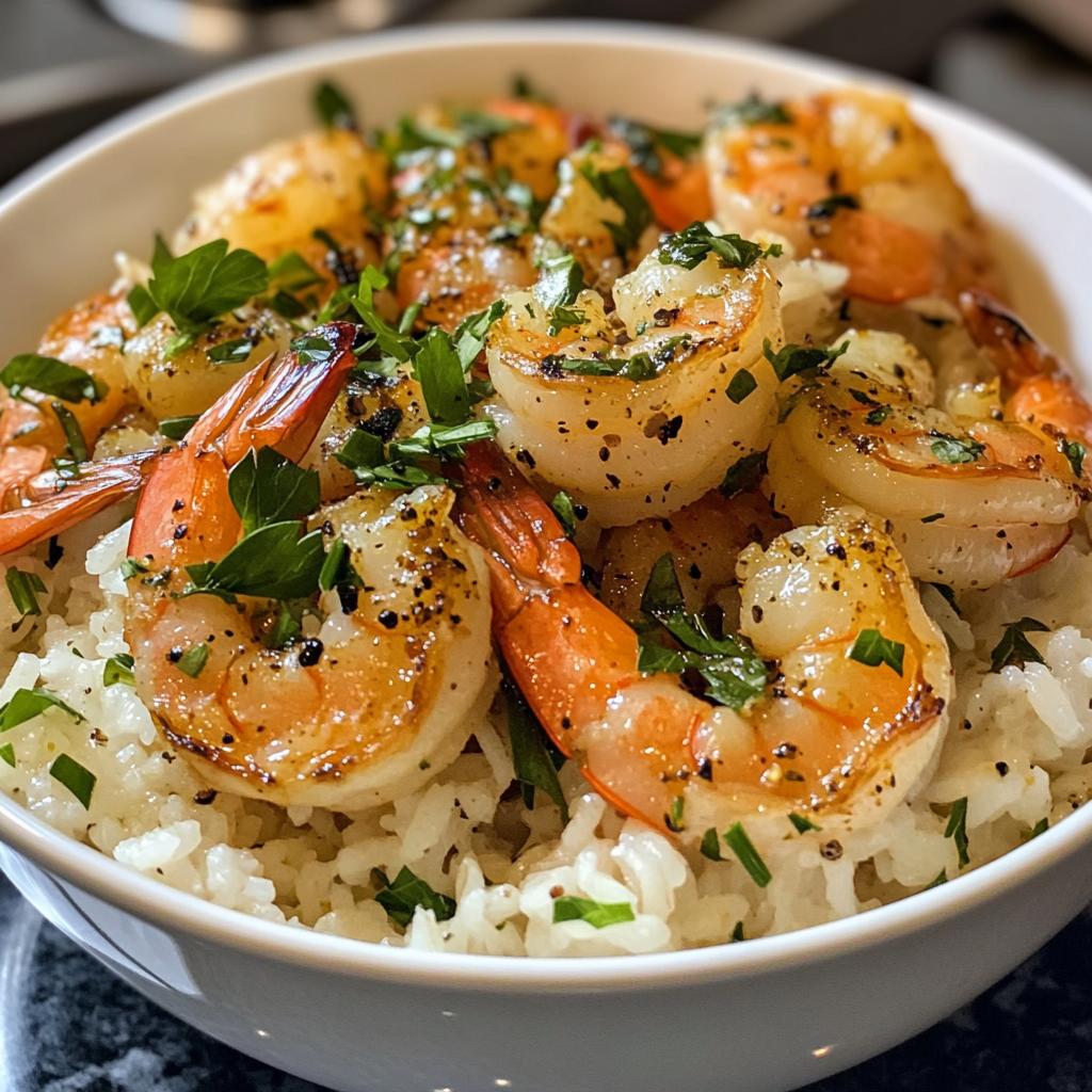 garlic butter shrimp bowl recipe with creamy herb rice