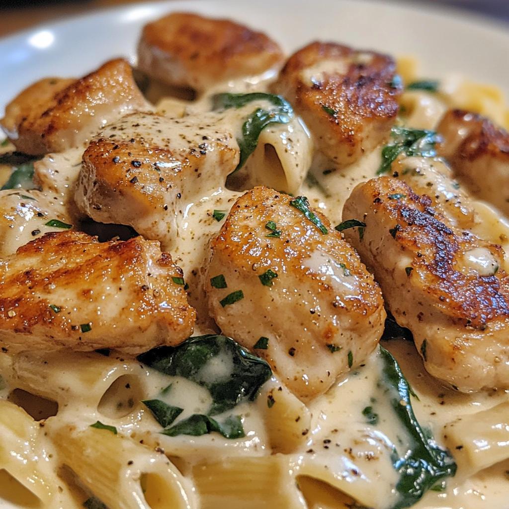 garlic chicken bites creamy cajun spinach artichoke alfredo pasta - detail 1