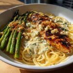 greek chili chicken alfredo recipe with smoked feta cream crispy parmesan asparagus