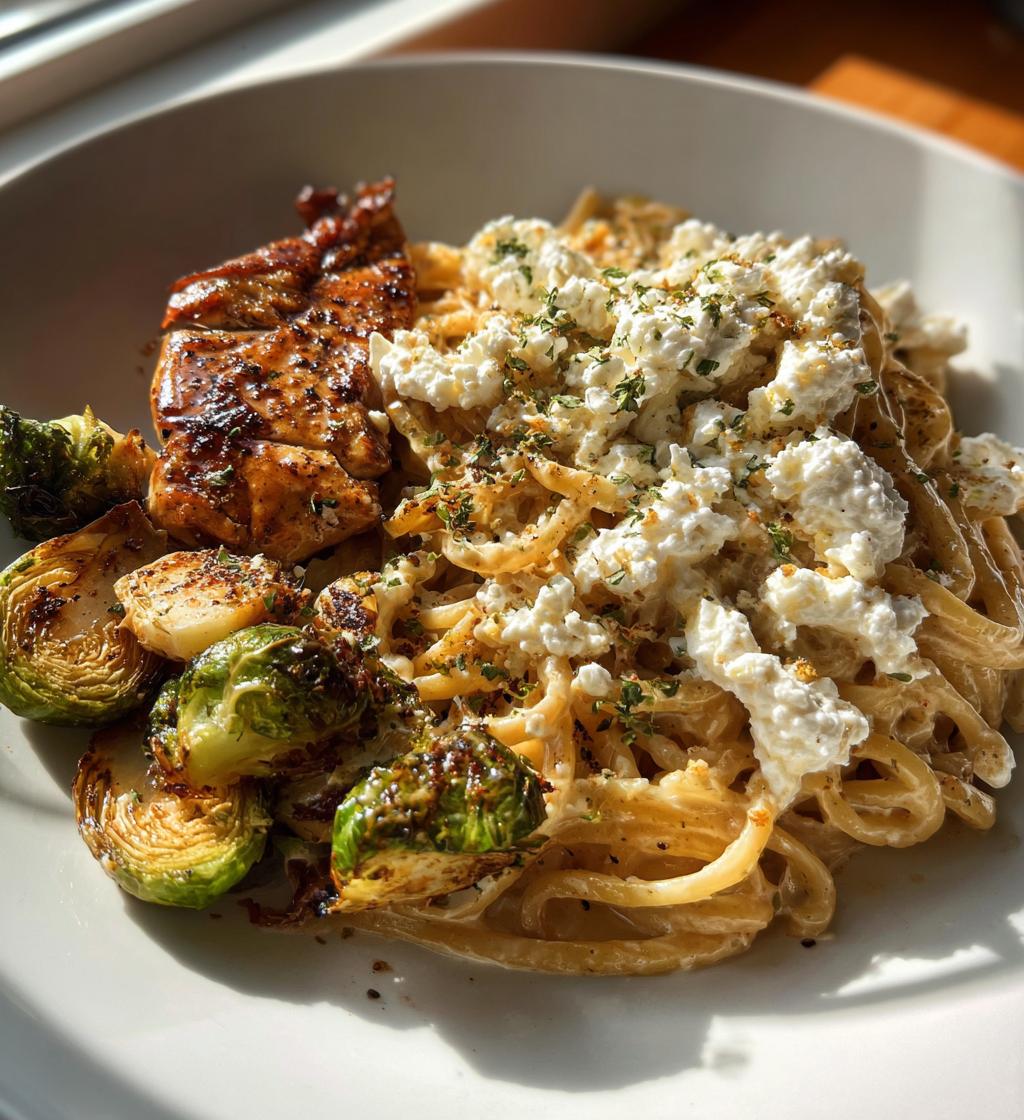 hot honey balsamic chicken alfredo with whipped feta crispy brussels chips - detail 1