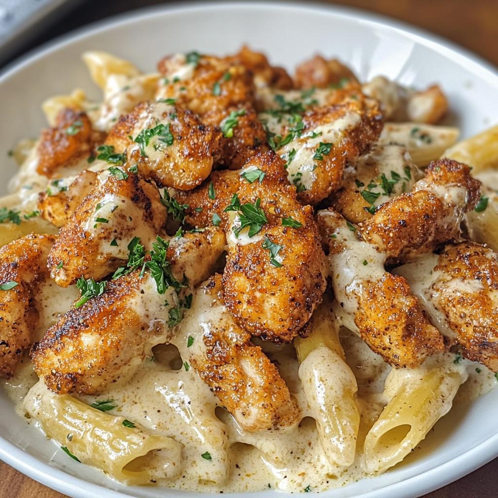 lemon cajun chicken bites with creamy garlic herb alfredo twists