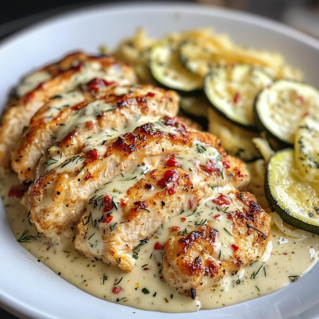 lemon dill chicken alfredo with roasted red pepper whipped feta crispy parmesan zucchini