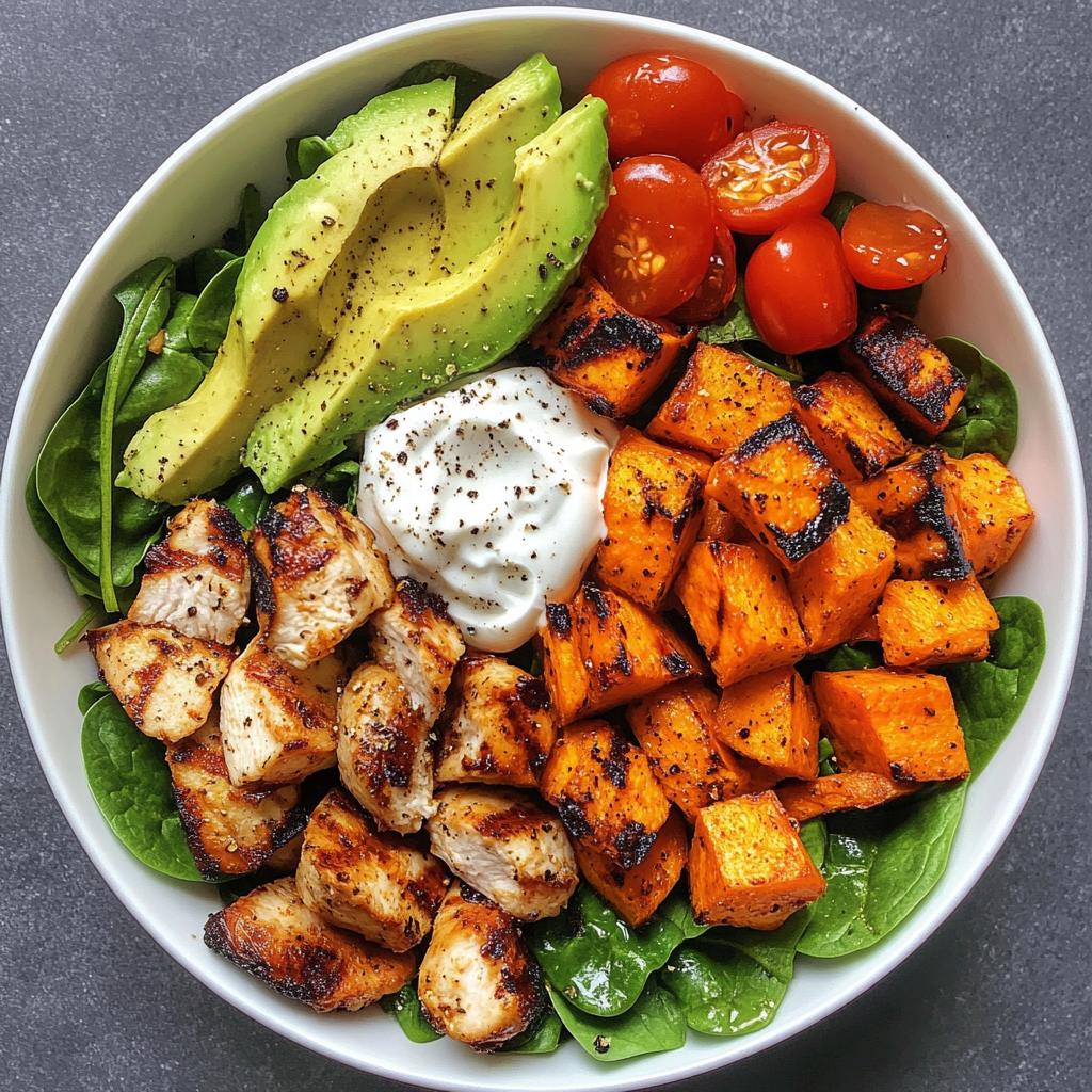 loaded grilled chicken sweet potato power bowl