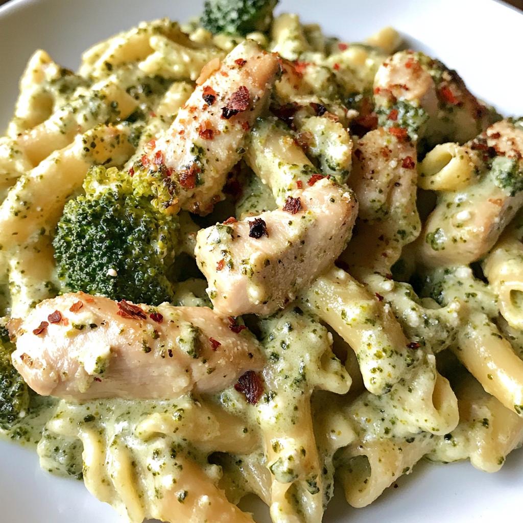 pesto chicken alfredo with spicy feta cream parmesan broccoli crunch