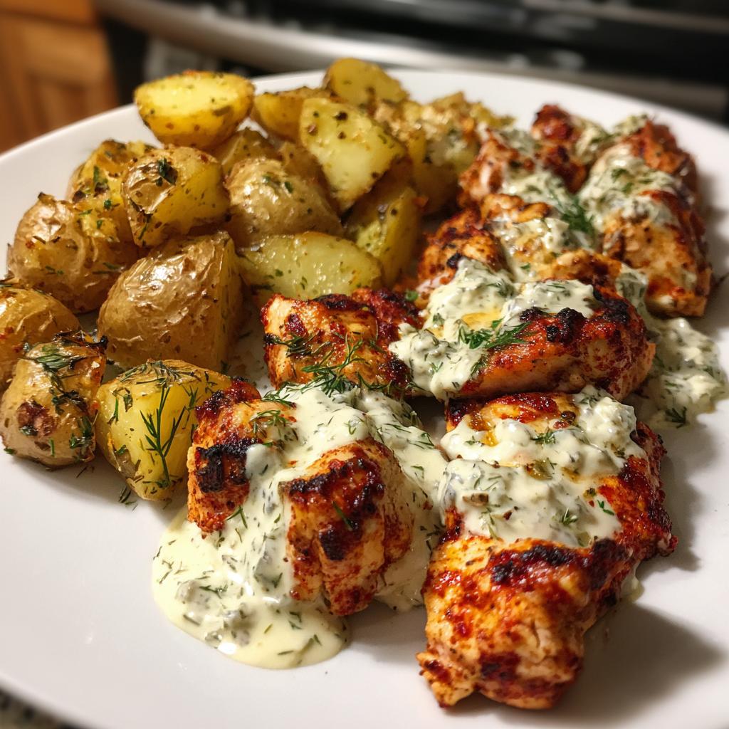 spicy yogurt marinated chicken with dill feta cream crispy baby potatoes
