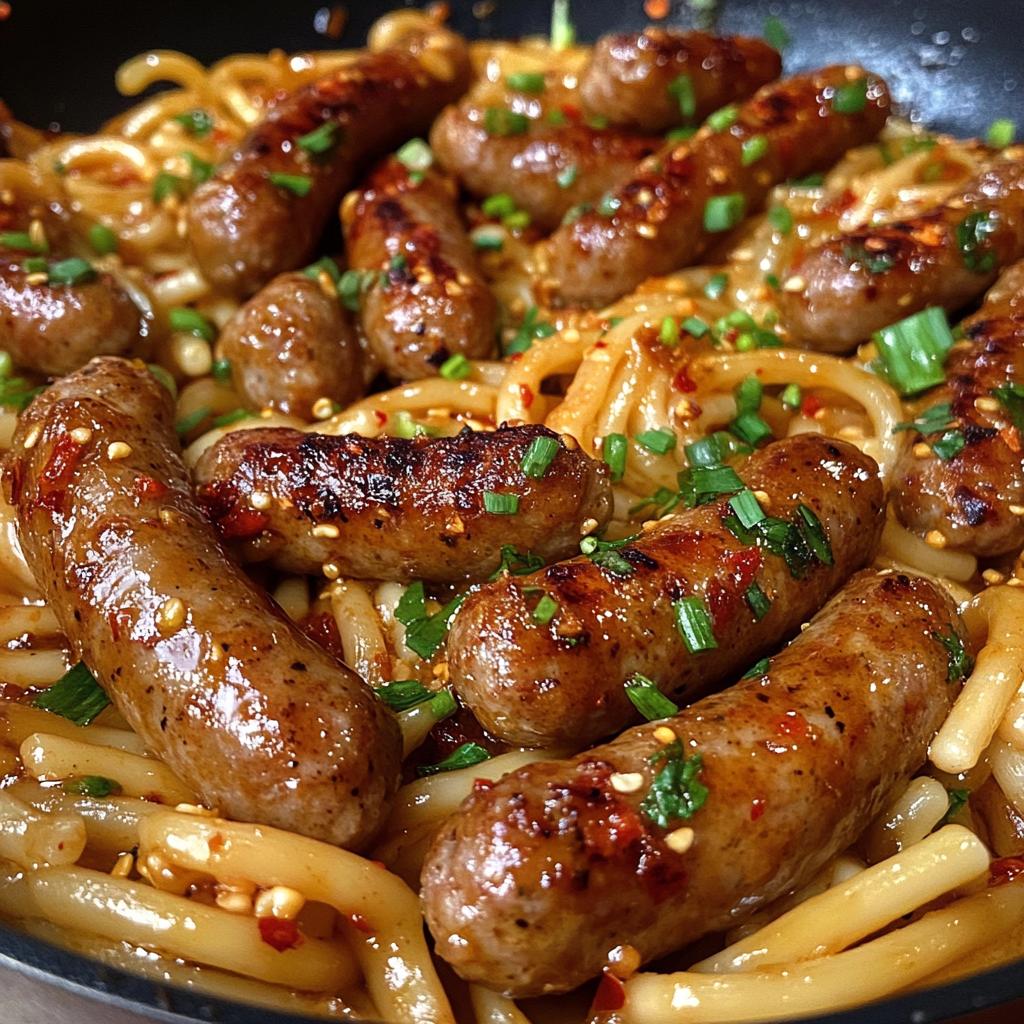 sticky honey garlic sausage pasta skillet - detail 1