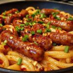 sticky honey garlic sausage pasta skillet