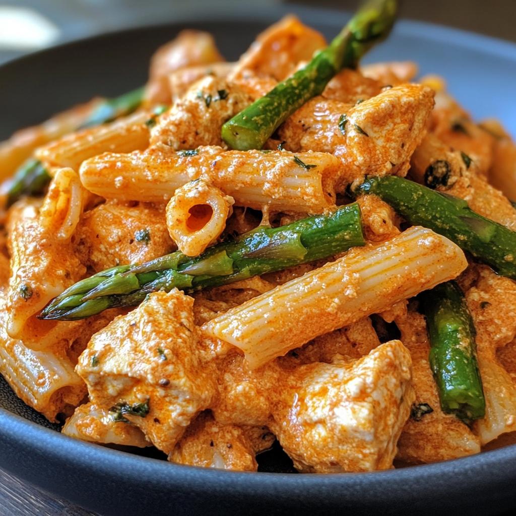 zesty greek chicken pasta with spicy harissa feta cream roasted asparagus crisps - detail 1