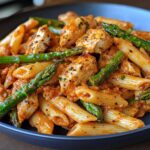 zesty greek chicken pasta with spicy harissa feta cream roasted asparagus crisps