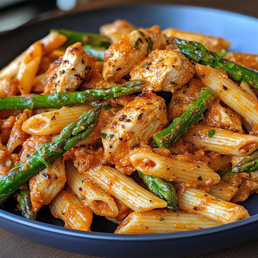 zesty greek chicken pasta with spicy harissa feta cream roasted asparagus crisps