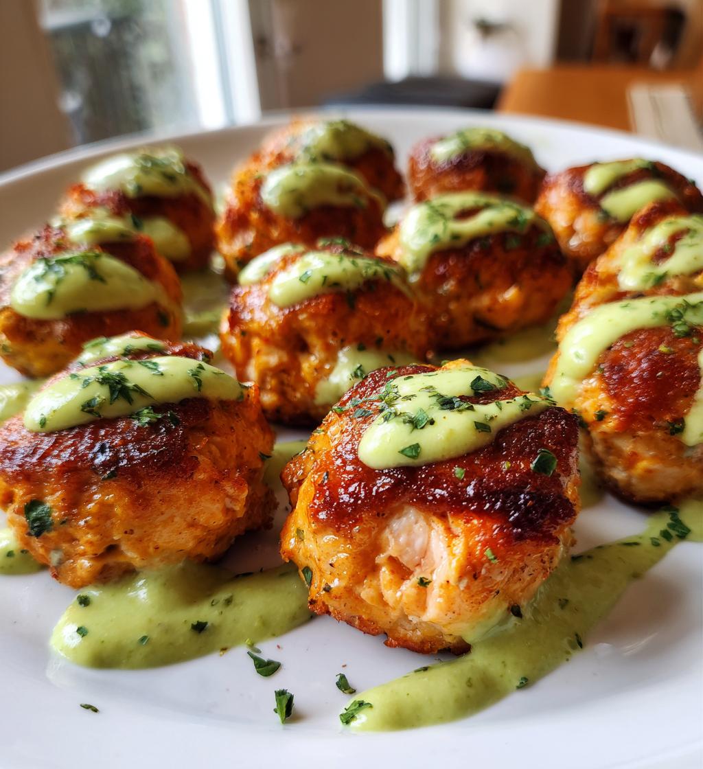 baked salmon meatballs with a tangy avocado sauce