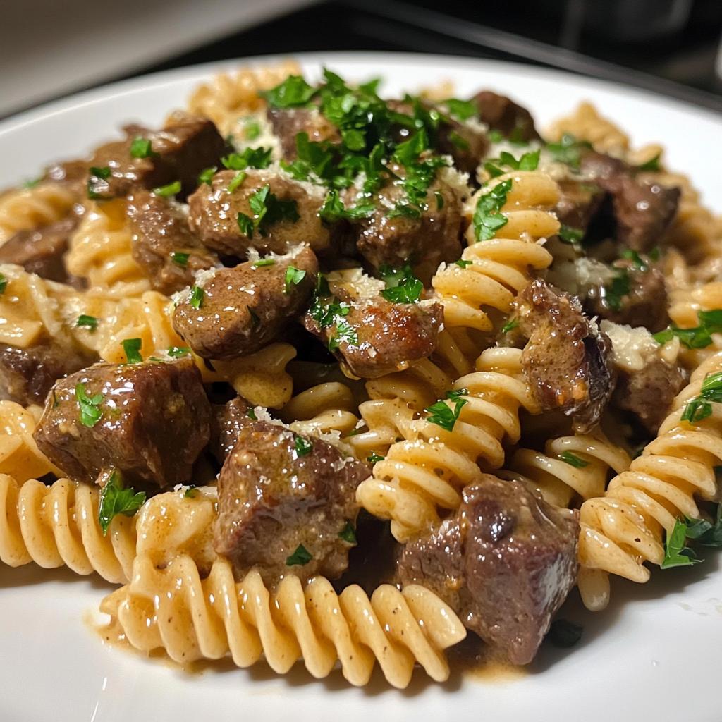 beef and rotini in garlic parmesan sauce