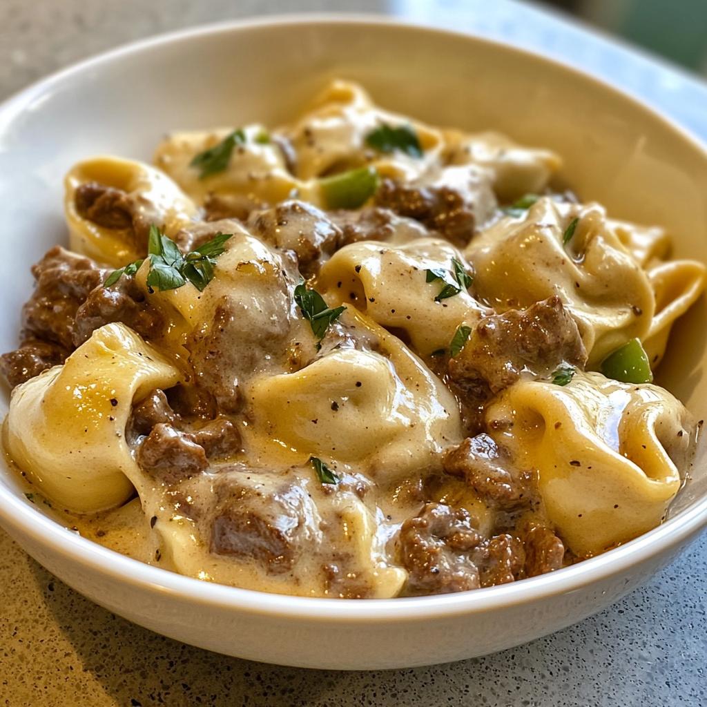 cheesesteak tortellini in creamy provolone sauce
