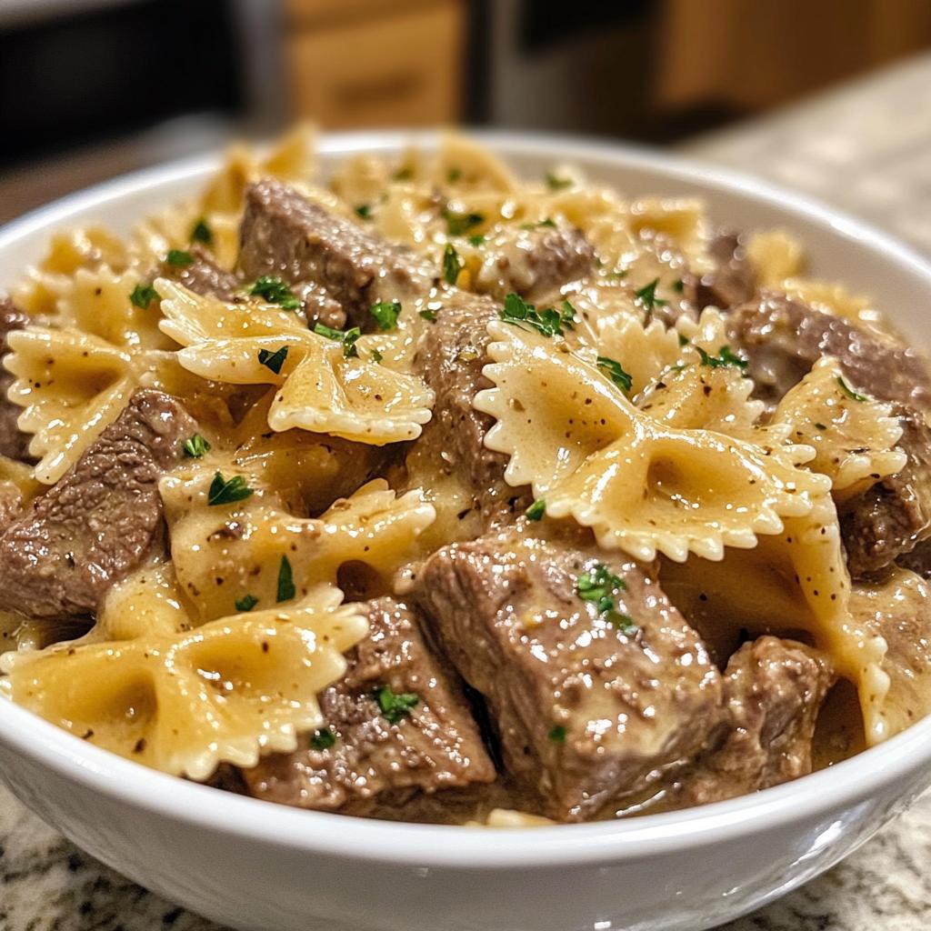 cheesy beef and bowtie pasta in garlic butter