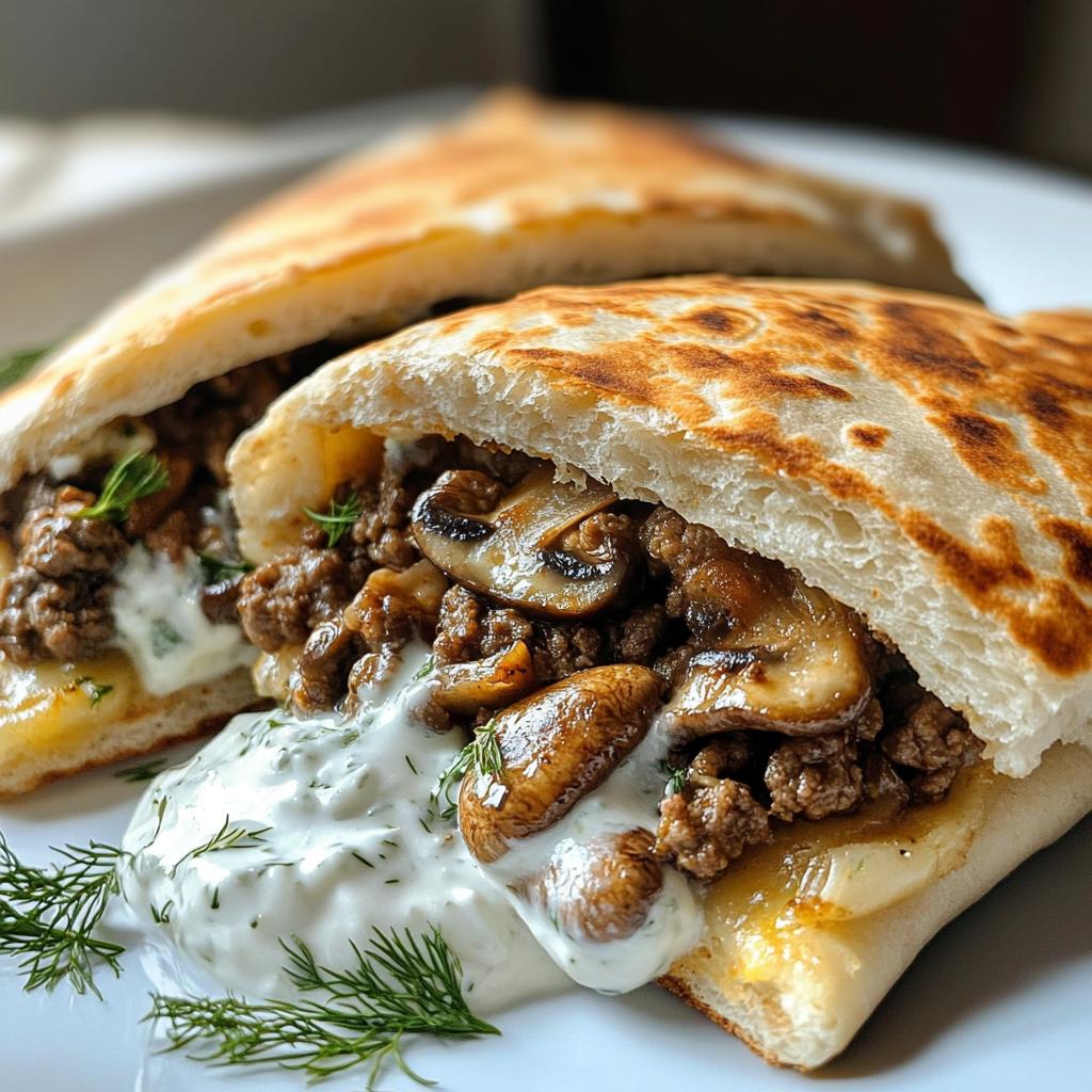 cheesy beef and mushroom pita pockets with tzatziki sauce