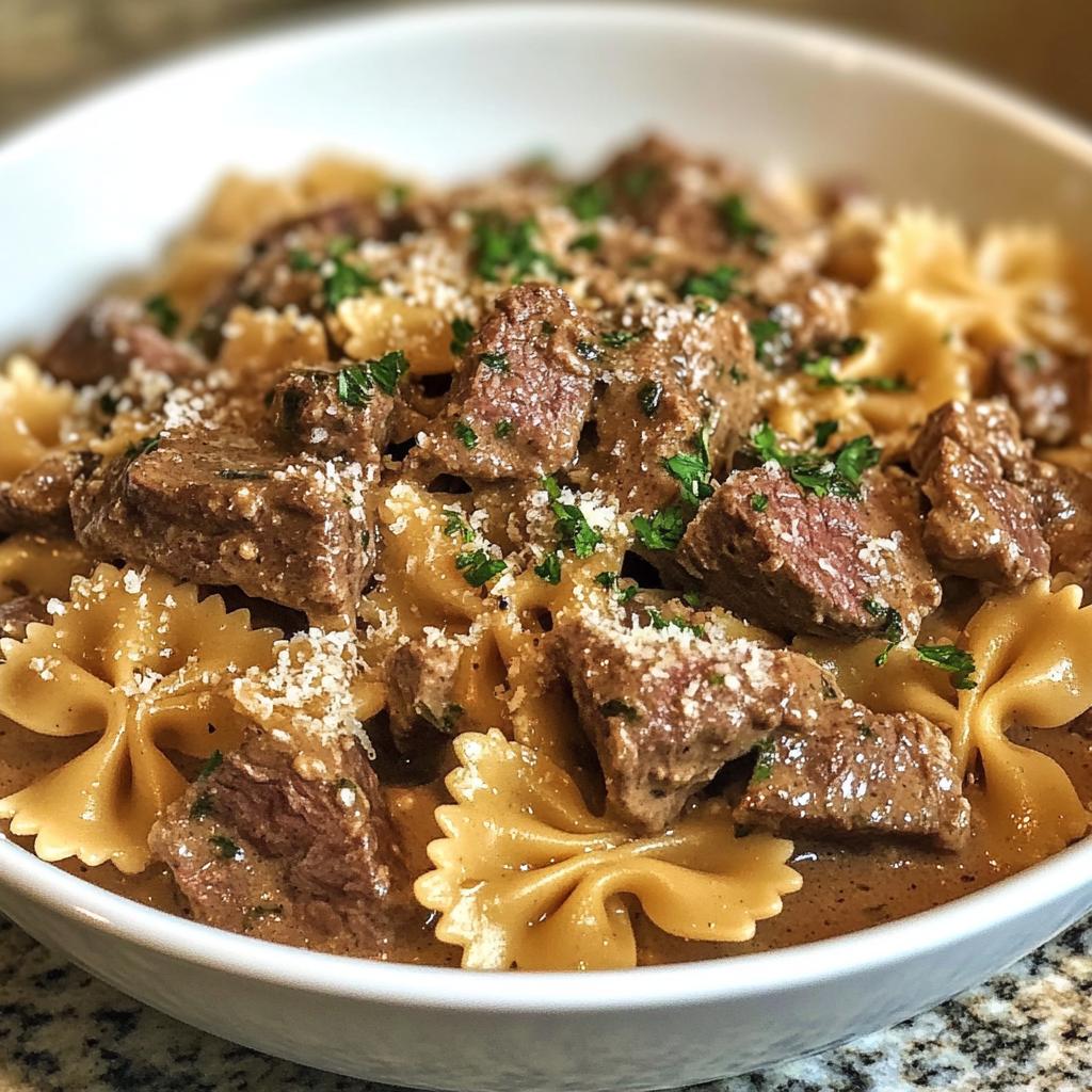 creamy beef and bowtie pasta