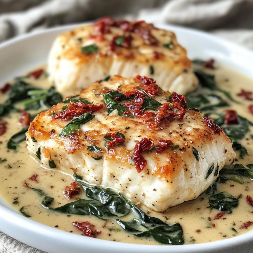 creamy keto tuscan cod with spinach and sun dried tomatoes