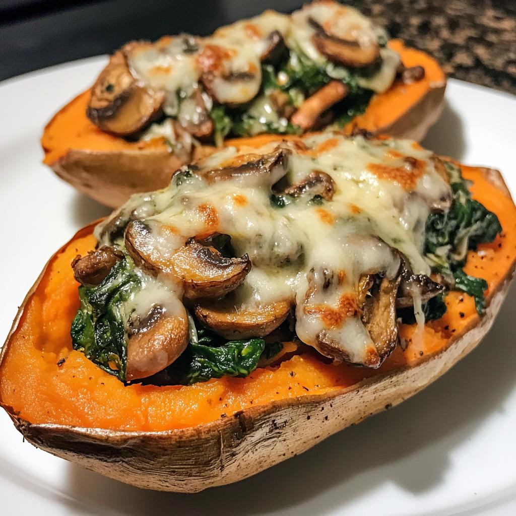 creamy mushroom and spinach stuffed sweet potatoes