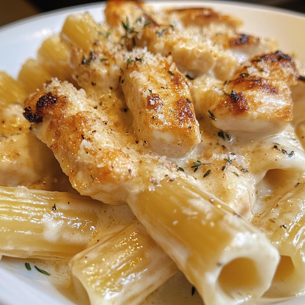 creamy parmesan chicken with rigatoni pasta