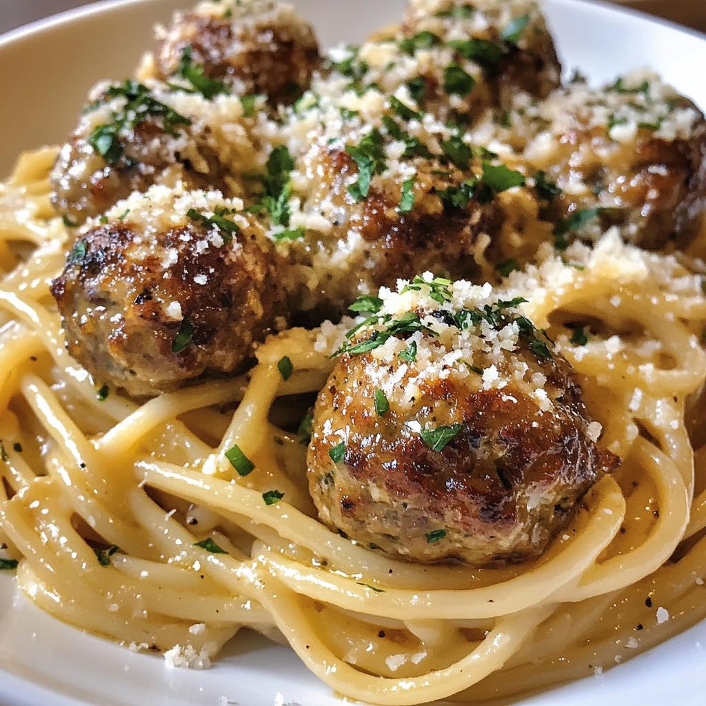 garlic butter meatballs served over creamy parmesan linguine