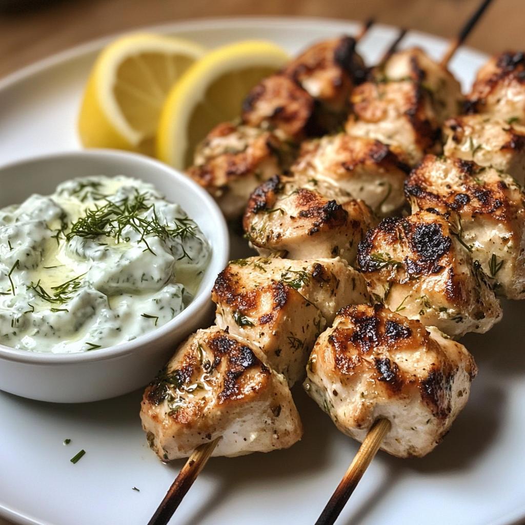 greek lemon chicken skewers with tzatziki sauce