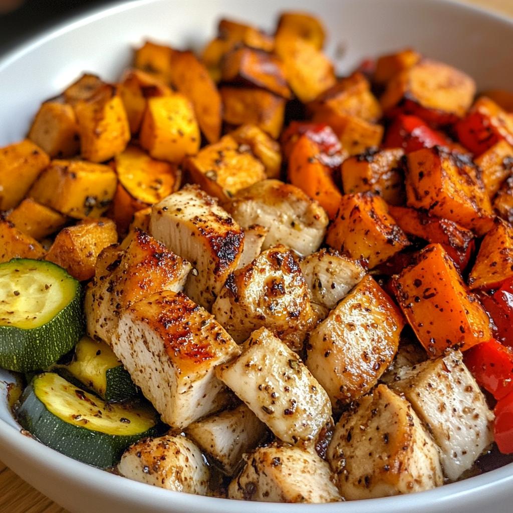 healthy spicy chicken and roasted vegetable bowls - detail 1