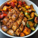 healthy spicy chicken and roasted vegetable bowls