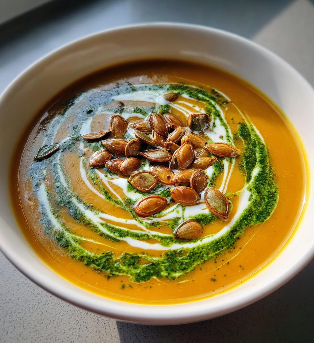 roasted garlic sage pesto pumpkin soup with spicy fried pumpkin seeds recipe