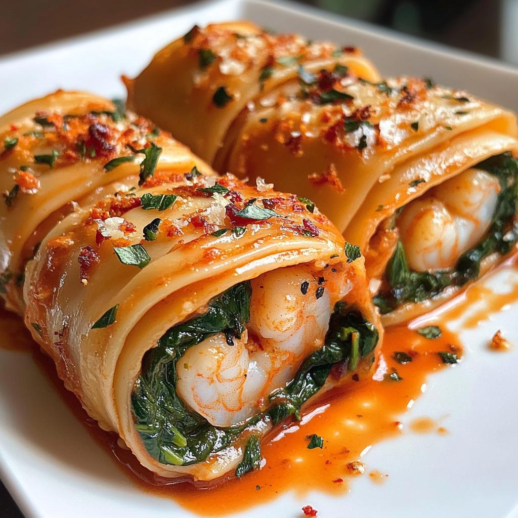 shrimp and spinach stuffed pasta rolls with roasted red pepper cream