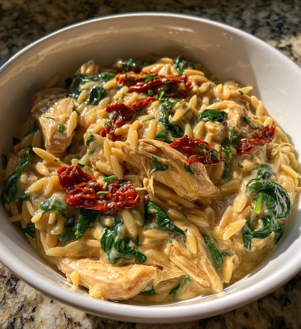 slow cooker creamy tuscan chicken orzo - detail 1