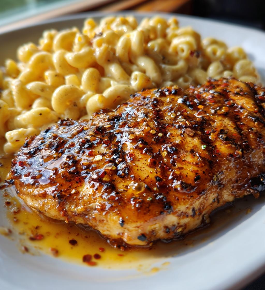 sweet and spicy honey pepper chicken with creamy macaroni cheese