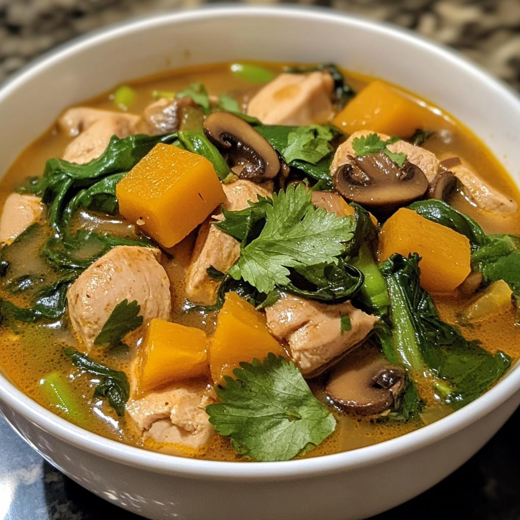 thai chicken soup with butternut squash bok choy and mushrooms recipe - detail 1
