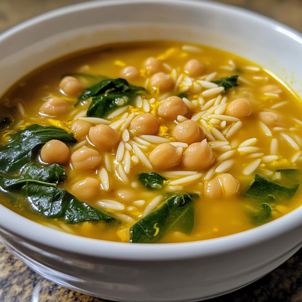 turmeric soup with chickpeas orzo and spinach