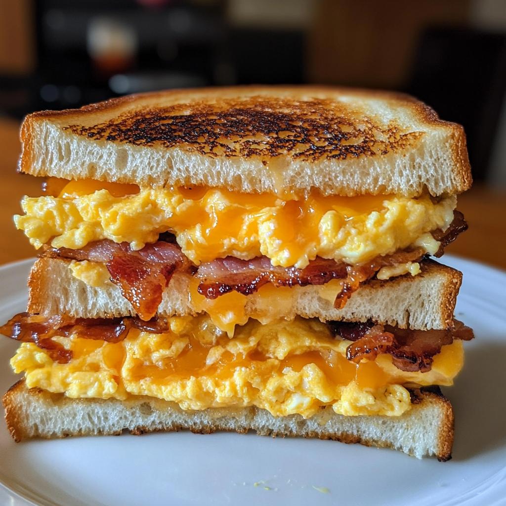 ultimate breakfast grilled cheese with scrambled eggs and bacon
