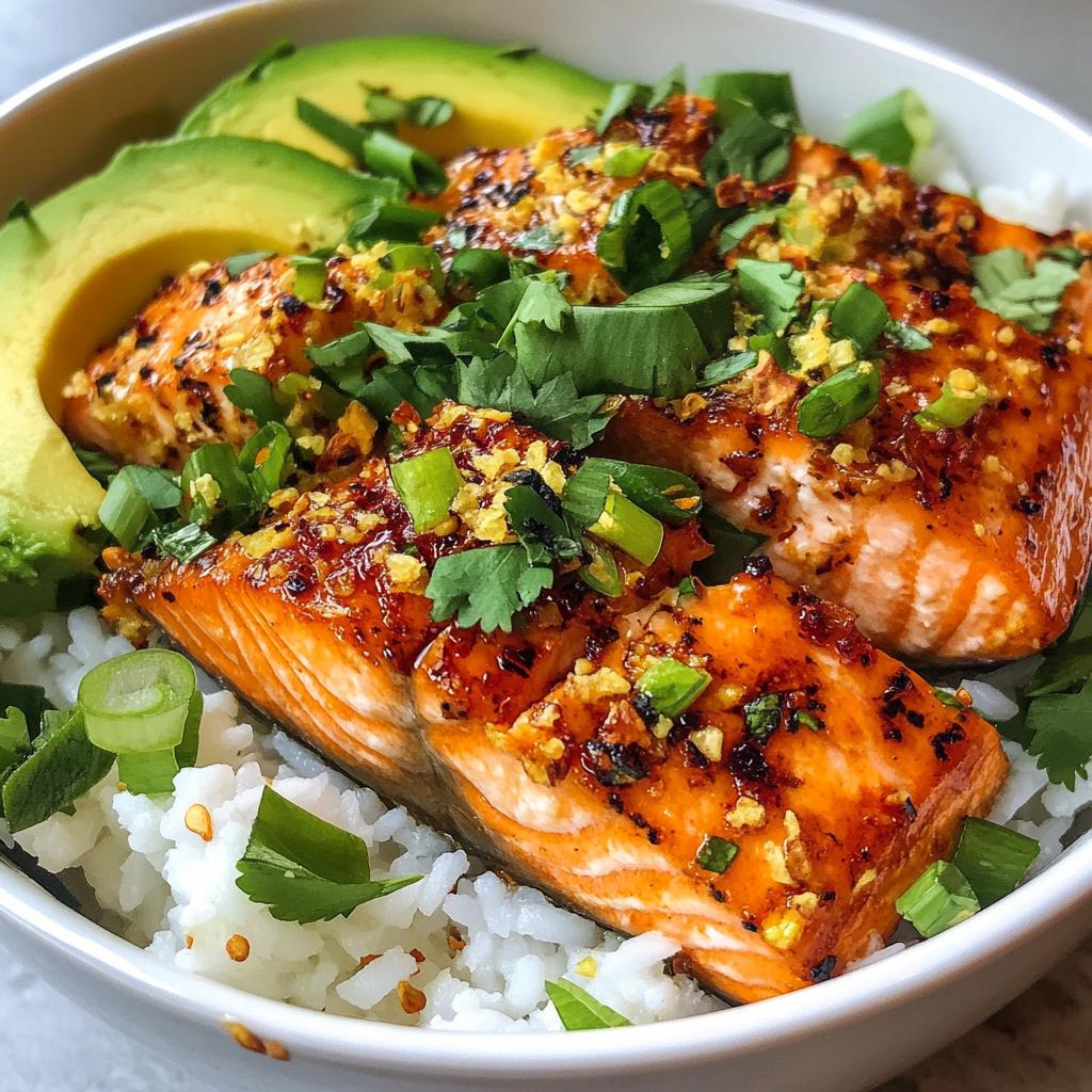vibrant spicy salmon bowls with coconut rice and avocado