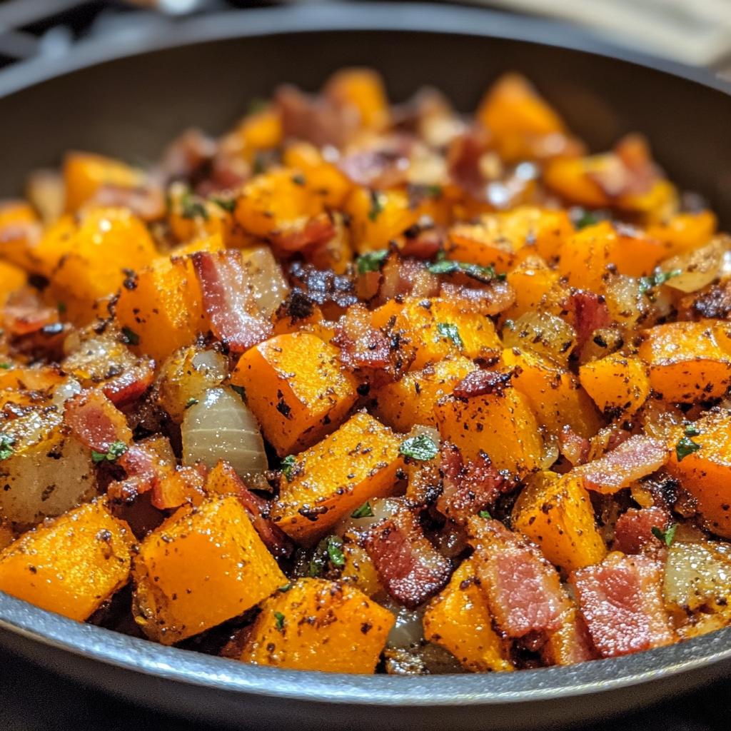 Butternut-Kürbis Pfanne mit Speck und Zwiebeln - detail 1