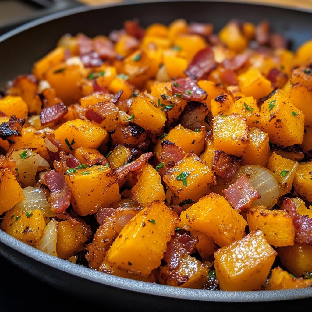 Butternut-Kürbis Pfanne mit Speck und Zwiebeln