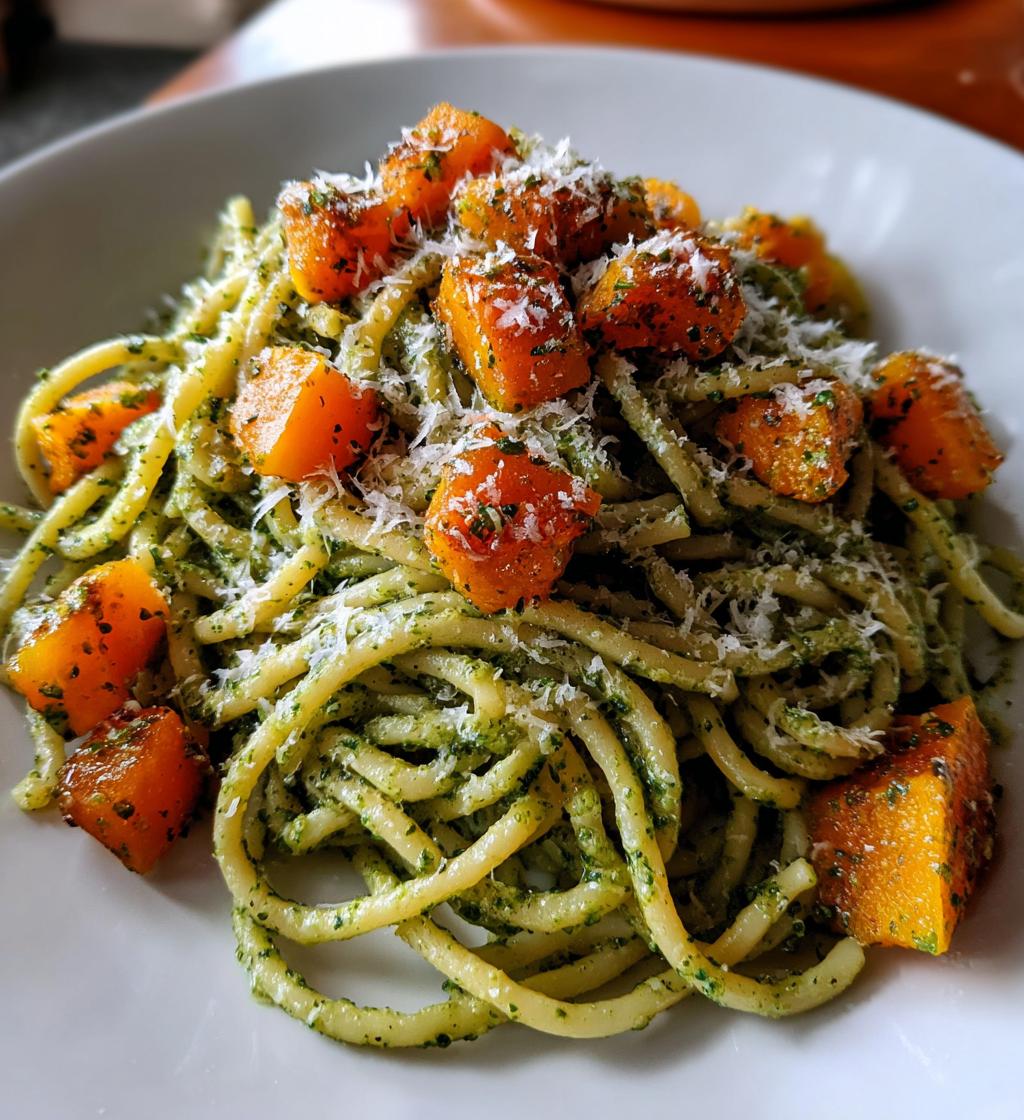 Butternut-Kürbis und Pesto Pasta