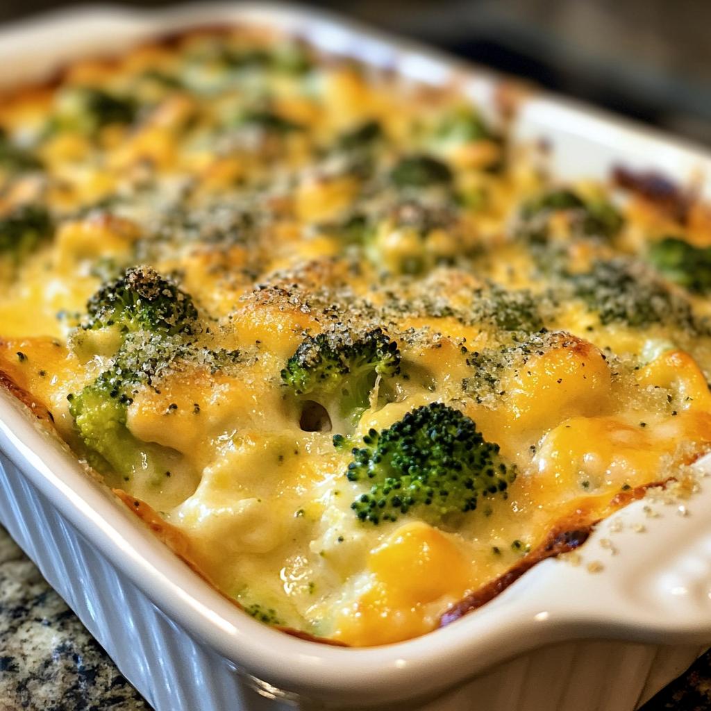 creamy broccoli cheddar casserole with garlic butter pretzels
