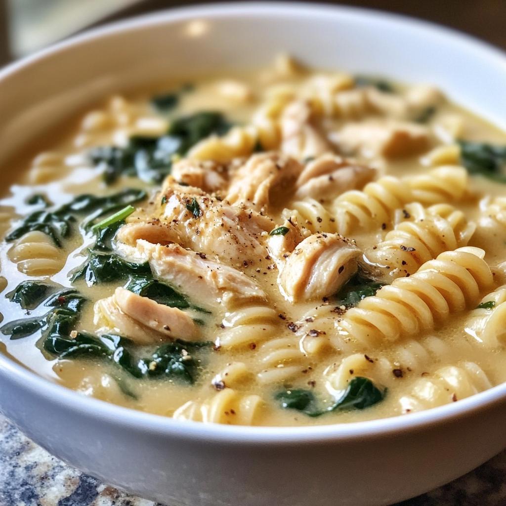 creamy chicken soup with pasta and spinach