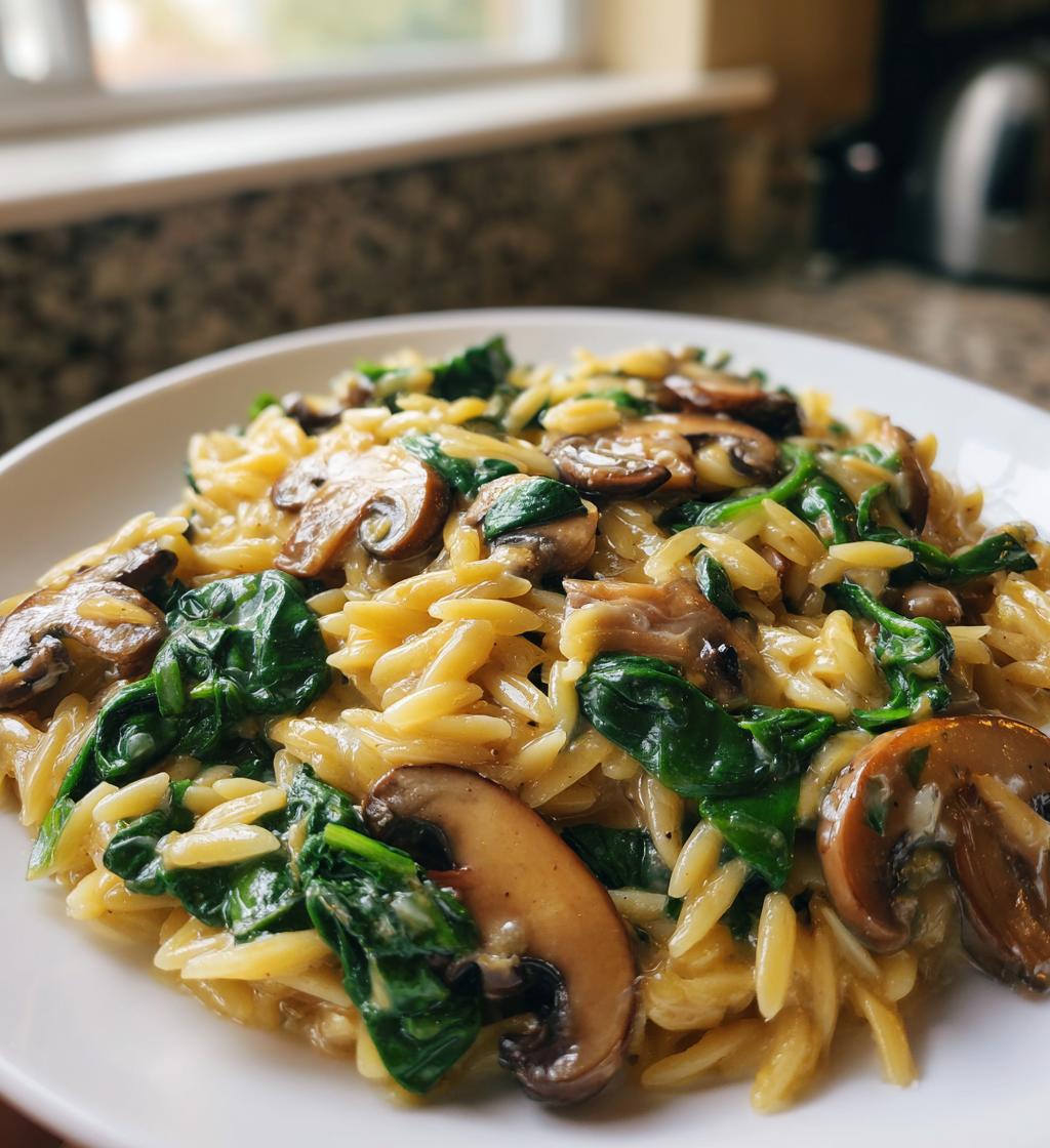 creamy spinach and mushroom orzo - detail 1