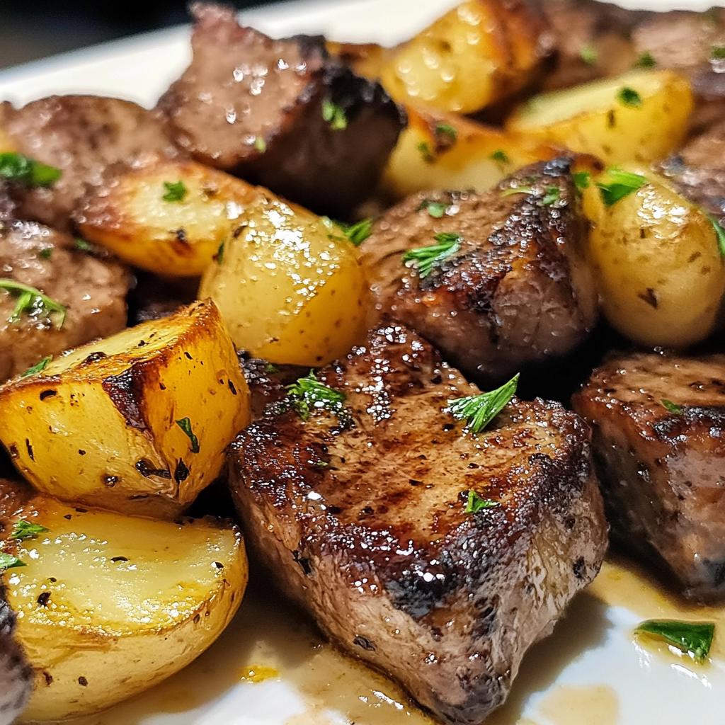 garlic butter steak bites and potatoes