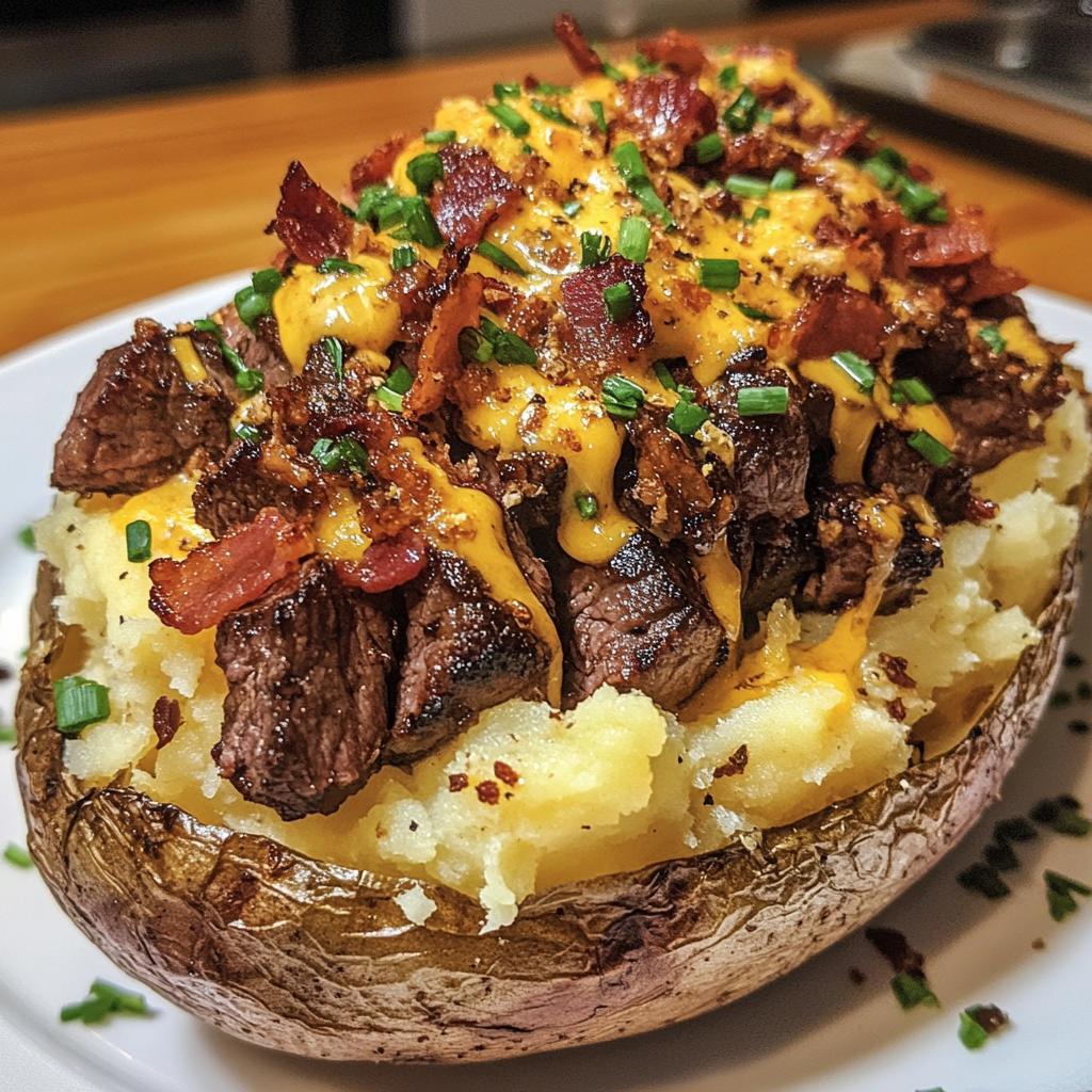 loaded baked potato with steak bites