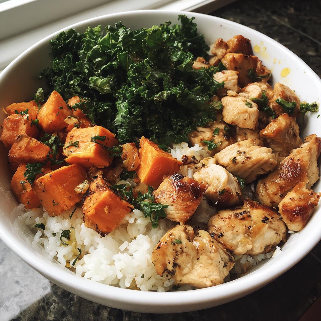 roasted sweet potato chicken kale and rice bowls