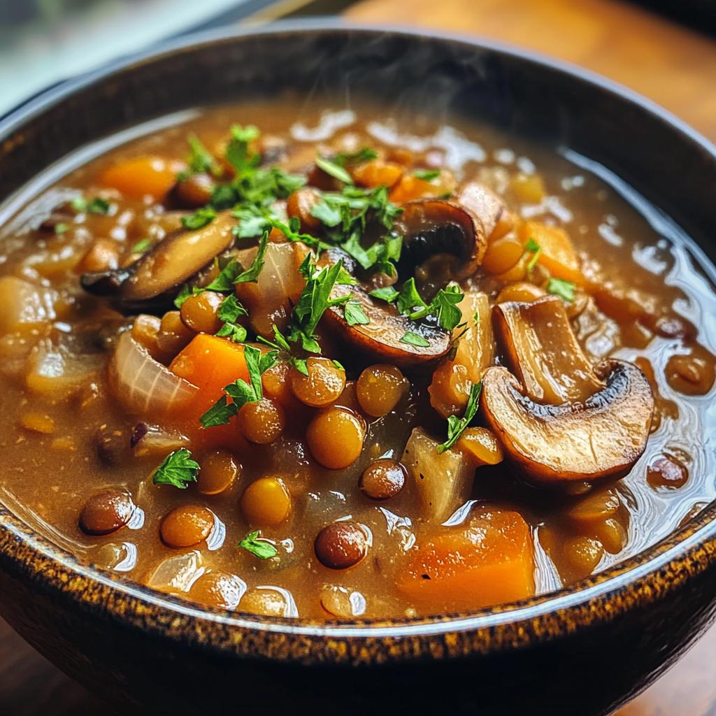 vegan lentil mushroom stew - detail 1