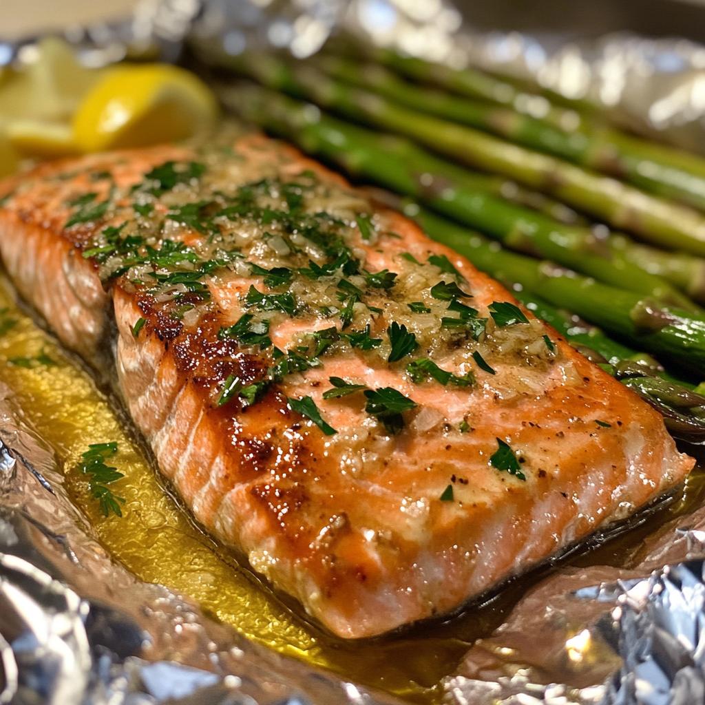 baked salmon in foil with asparagus and lemon garlic butter sauce