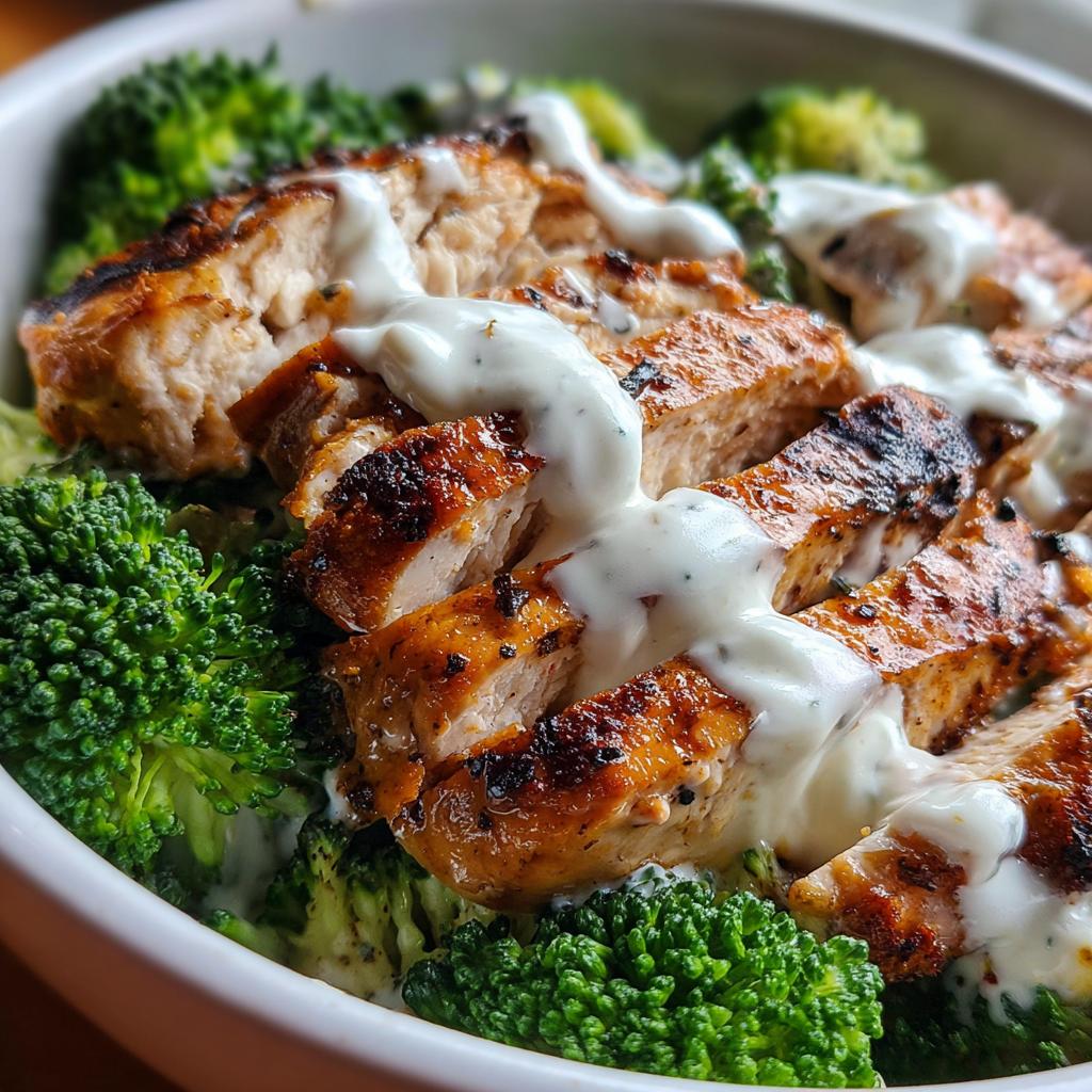 grilled chicken broccoli bowls with creamy garlic sauce