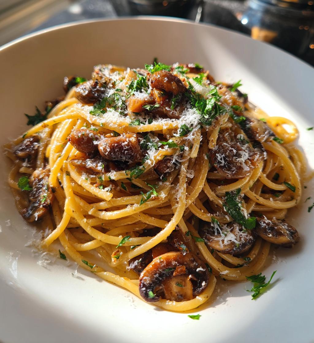 mushroom and garlic spaghetti dinner